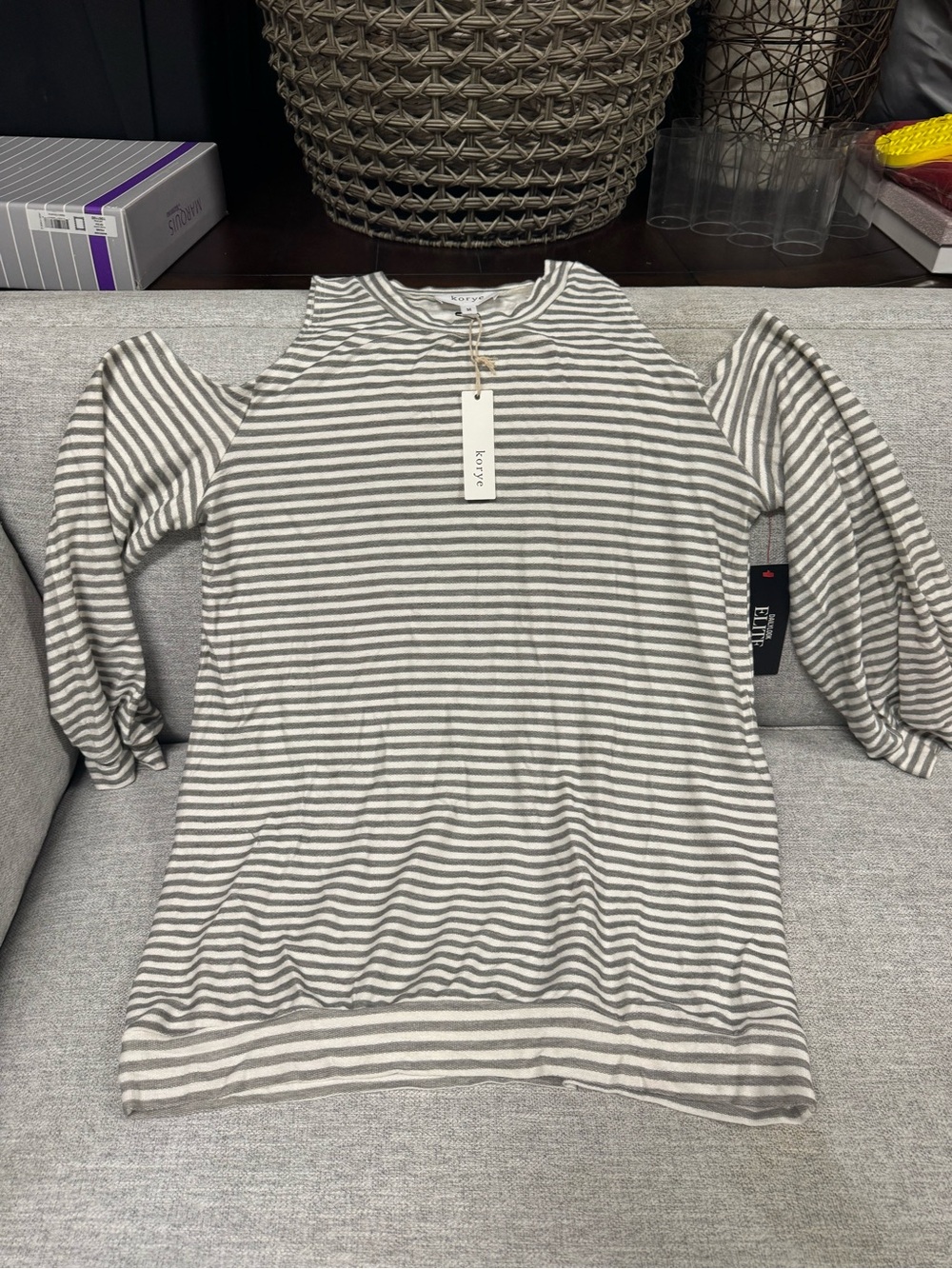 Kori Women's Striped Long Sleeve Crew Neck Top - Gray & White